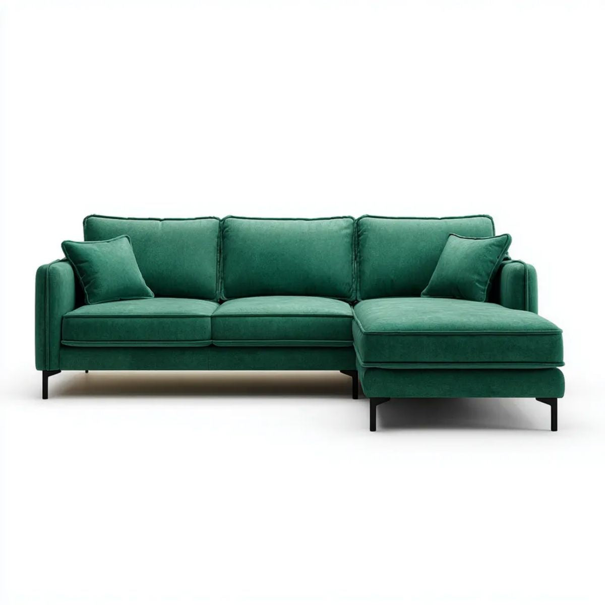 Ciemnozielona sofa narożna z prawostronnym szezlongiem, aksamitowa, 250 x 160 x 85 cm