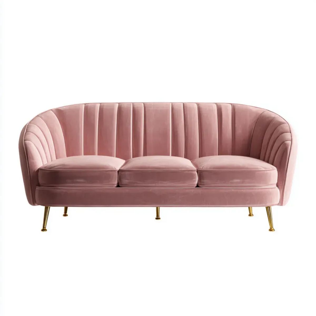 Trzyosobowa sofa różowa z aksamitu na złotych stalowych nogach, 210 × 85 × 78 cm
